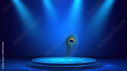 A single peacock feather illuminated on a stage with a blue spotlight against a dark blue background