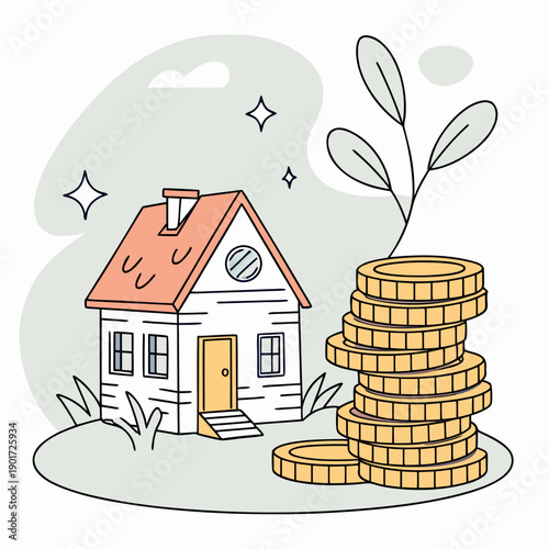 House resting on coins with plant growing from money