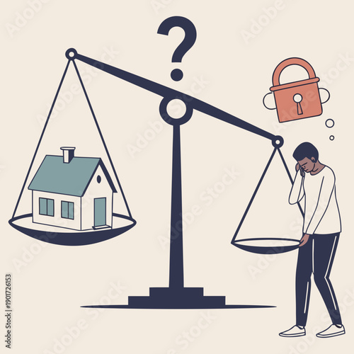 Man weighing house on scale with question mark and lock