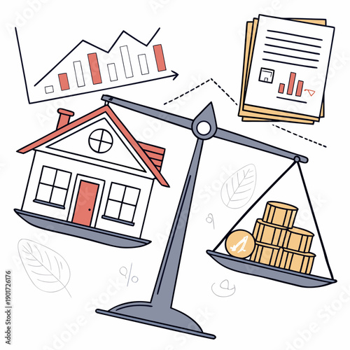 Canvas Print Mortgage risk evaluation scene with house and uneven scales