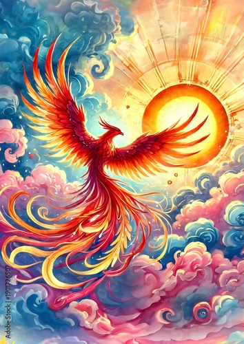 Flaming Phoenix Soaring Toward the Sun — Vibrant Mythical Bird Illustration