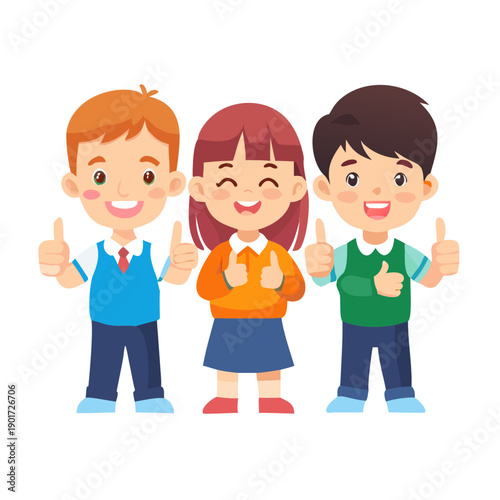 Happy Kids Holding Thumbs up in Ok Sign Vector Cartoon Illustration. Cheerful group of students making ok gesture together
