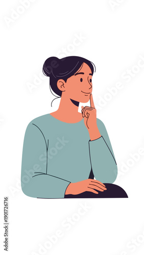 A woman with dark hair in a bun wearing a teal shirt