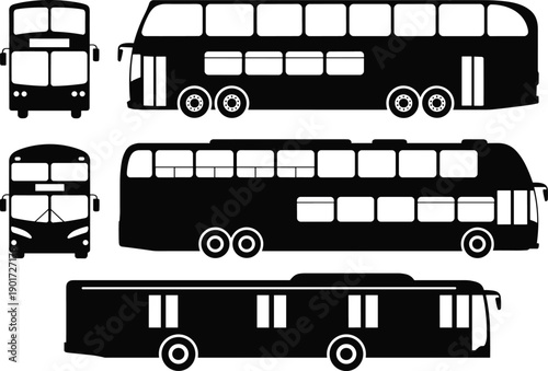 Bus silhouette set showing front side and rear views isolated on white background for public transport travel and urban mobility design