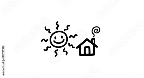 Simple Doodle of Happy Smiling Sun Above a Cozy House with Smoking Chimney, Isolated White Background.