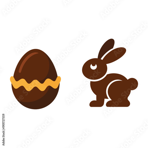 Chocolate egg and brown rabbit icons, Easter hunt vector for spring party, egg hunt poster, bakery label, seasonal marketing