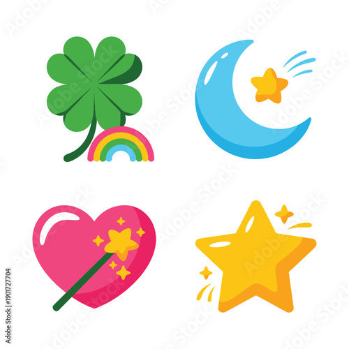 Four leaf clover, sleepy crescent moon, magic heart wand and bright star icons, lucky charm vector set for celebration design