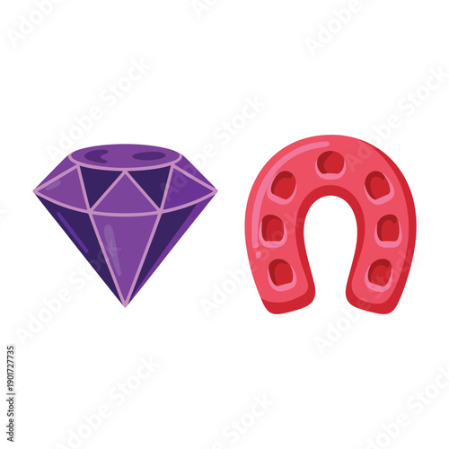 Purple gemstone diamond and red horseshoe lucky icons, charm pair vector for good fortune poster, party sticker, holiday decoration