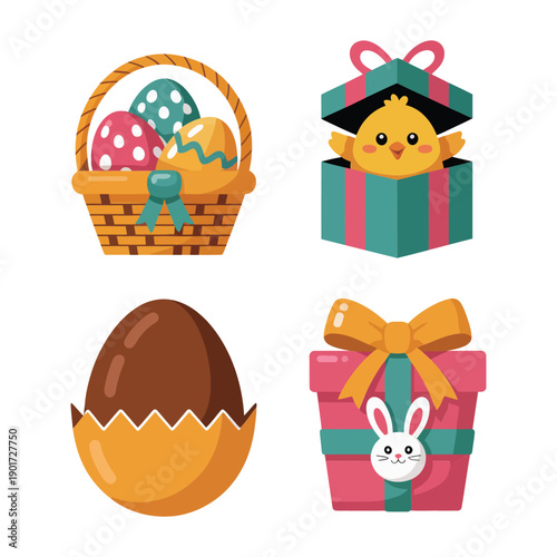 Easter gift icons with egg basket, chick in present, chocolate egg and bunny ribbon box, spring party, greeting design