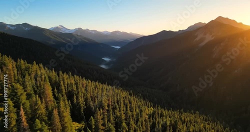 Mountain range with forest landscape.