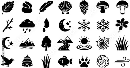 Nature and Environment Glyph Icons Set - Black and White Vector Collection of Natural Elements, Weather Symbols, Animals, and Plants