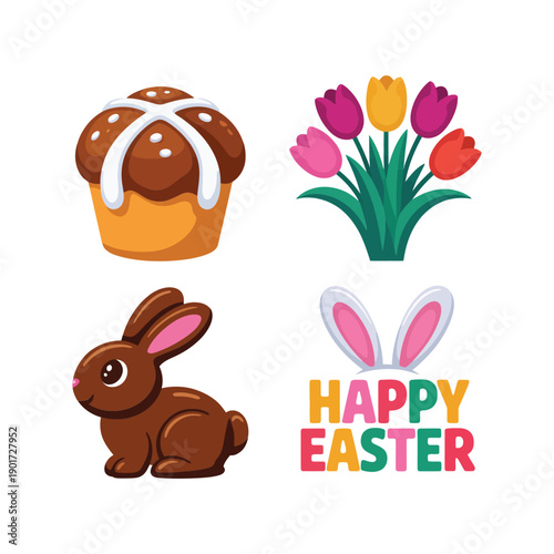 Set of cracked eggs with chicks and bunny ears, carnival flyer graphics, egg hunt route markers, kids craft session labels