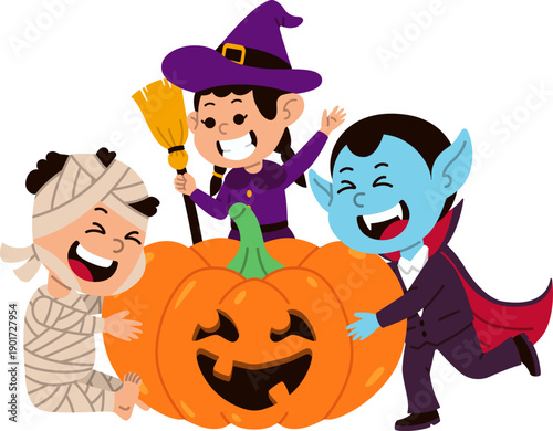 Kids in Halloween Costumes with Pumpkin Decoration