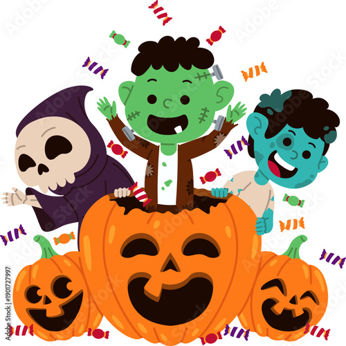 Kids in Halloween Costumes with Pumpkin Decoration