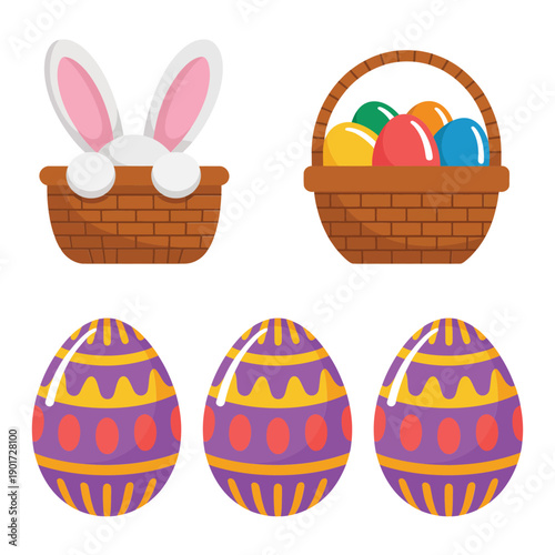 Easter baskets with bunny ears and patterned eggs, celebration clipart for egg hunt flyers, printable tags, community picnic session graphics