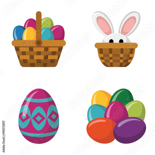 Spring market baskets with eggs and bows, pastel Easter clipart for posters, printable stickers, craft workshop session, kids party invitations