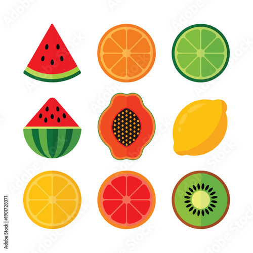 Tropical fruit icons, watermelon, papaya, lemon, orange, kiwi, summer festival flyer, smoothie bar session, healthy eating class branding pack