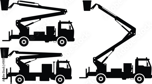 Cherry picker bucket truck silhouette vector set showing articulated boom lift vehicles for construction maintenance industrial work design