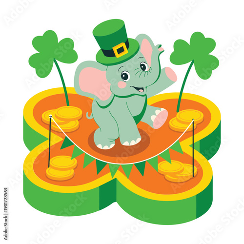 Elephant dancing on shamrock stage with clover balloons, St Patricks Day party mascot, kids performance session, parade poster vector