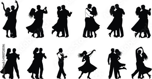 Silhouette set of romantic couples dancing together, elegant ballroom dancers in formal poses, men and women in love at wedding or gala party, vector