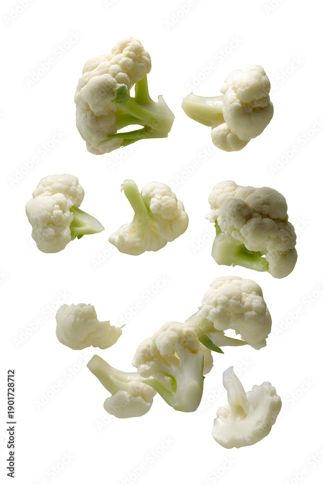 Fototapeta premium Floating cauliflower florets isolated on transparent background