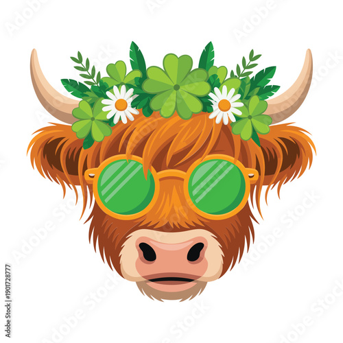 Cool highland cow wearing clover sunglasses and floral wreath, Saint Patrick day party mascot, Irish country festival, sticker graphic design
