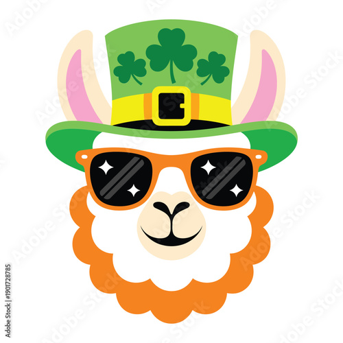 Hip llama with leprechaun hat and shamrock glasses, Saint Patrick day animal illustration, Irish luck, party invitation, merchandise design