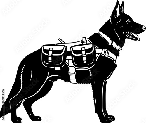 Silhouette german shepherd dog working k9 with harness and saddle bag ready for duty vector
