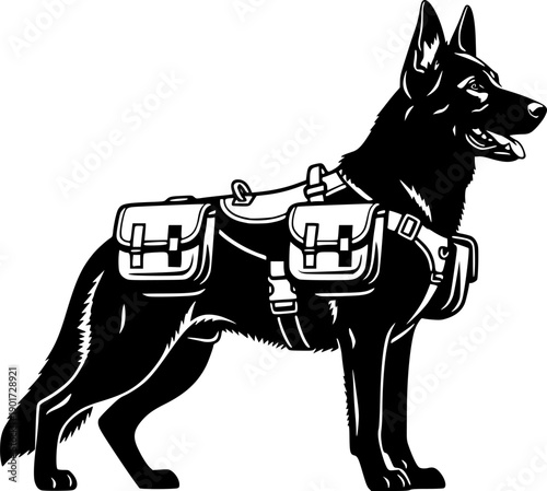 Silhouette german shepherd dog working k9 with harness and saddle bag ready for duty vector
