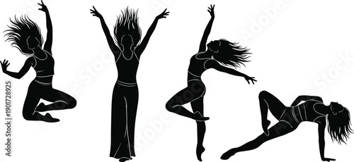 Silhouette set of women dancing and jumping, expressive female movement with long hair, contemporary dance poses, artistic yoga flow vector illustration isolated