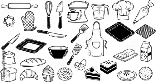 Baking  Food Industry: Hand Drawn Black  White Line Art Set of Kitchen Tools, Ingredients  Baked Goods for Confectionery Designs