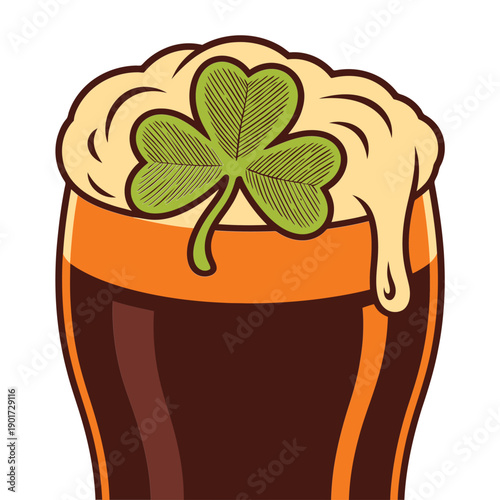 St Patricks Day frothy stout glass with clover foam, Irish pub poster element, brewery tour session graphic, festival party vector
