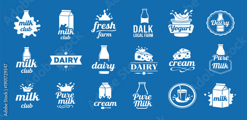 Collection of dairy product logos displayed on a blue background from a direct overhead viewpoint