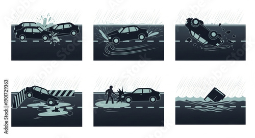Car Accident Sequence Illustration Showing Different Stages of Collision.