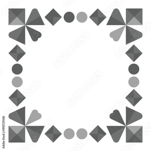 Geometric grayscale square border with pinwheel corners, modern neutral frame for minimalist poster, corporate flyer, Saint Patrick day design