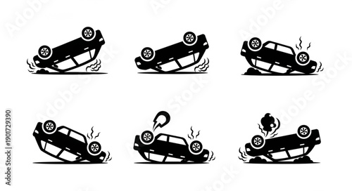 Car Accident Sequence Showing Vehicle Overturned and Damaged.