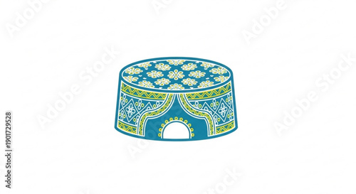 Ornate blue and yellow traditional ottoman or pouf with floral pattern and intricate design on a white background perfect for interior decor