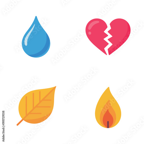 Raindrop and leaf icons with cracked heart, emotional wellness workshop flyer, nature walk session, feelings bingo, counselor desk support