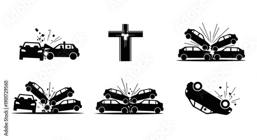 Car Crash Icons and Religious Symbol.