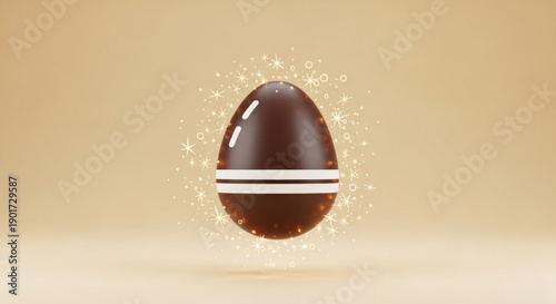 Chocolate easter egg with white stripe floating in air surrounded by sparkles on beige background soft lighting 3d rendering
