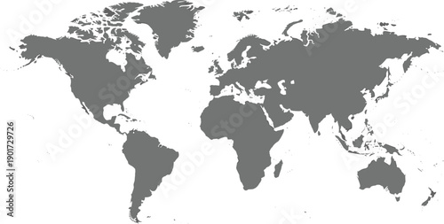 A gray map of the world displayed on a white background from a directly overhead viewpoint showing continents and oceans