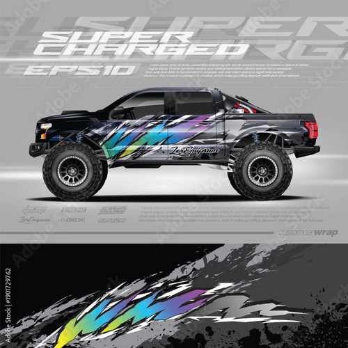 Monster truck decal, cargo van and car wrap vector, Graphic abstract grunge stripe designs for wrap branding vehicle.