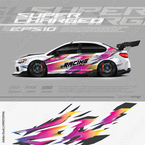 Car wrap decal graphic design. Abstract stripe racing background designs for wrap cargo van, race car, pickup truck, adventure vehicle. Eps 10