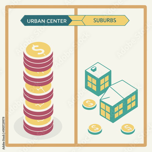 Urban center coins stacked versus suburban homes with few coins