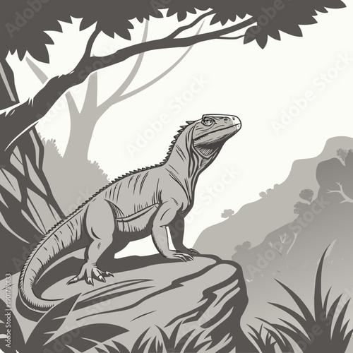 Gray prehistoric reptile standing on rock dinosaur