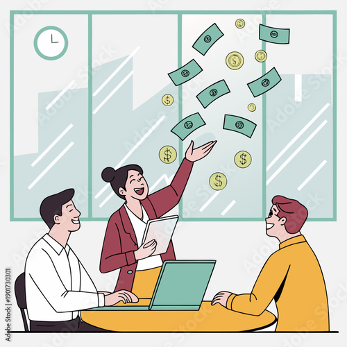 Cartoon people celebrating startup funding with money flying