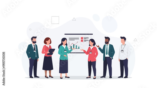 Business meeting with presentation chart, diverse team in modern office