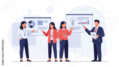 Business meeting with presentation charts and graphs, teamwork and strategy