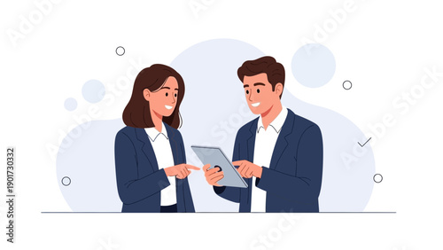 Business partners collaborating on a digital tablet, modern flat illustration
