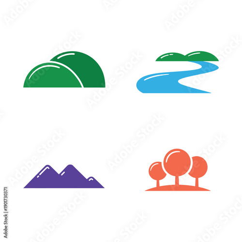 Minimal landscape vector icon set with rounded hills, winding river, purple mountains, orange trees, nature symbols for app, infographic design